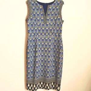 Maggy London SZ14 Blue Paisley Sleeveless Midi Dress Print Bands Boho Stretchy